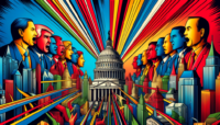 Pop art illustration showcasing the impact of American politics on financial markets, with dynamic representations of politicians at Capitol Hill influencing the bustling activity on Wall Street