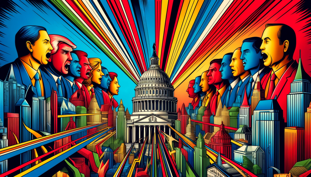 Pop art illustration showcasing the impact of American politics on financial markets, with dynamic representations of politicians at Capitol Hill influencing the bustling activity on Wall Street