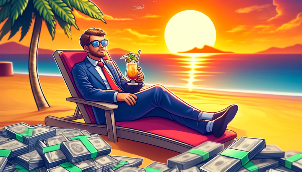 Trader in business attire relaxing at the beach with a cool drink, surrounded by piles of US dollars and enjoying the setting sun, complete with palm trees and gentle waves in the background.