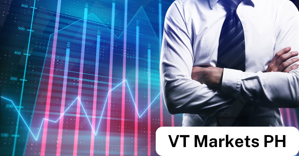 Business professional with folded arms in front of a graph background, symbolizing confidence in selecting the best Forex broker in the Philippines with VT Markets.