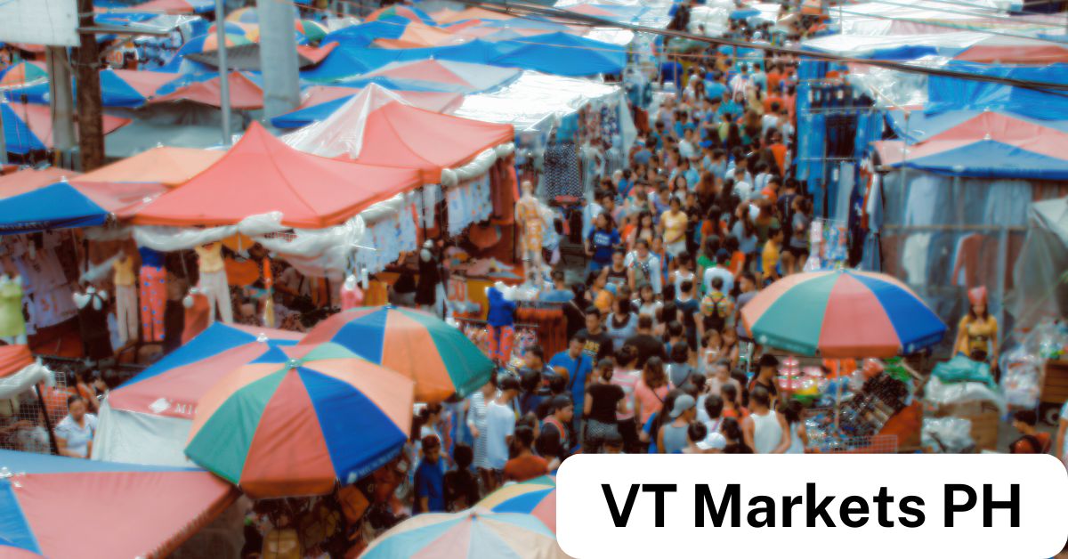 Busy Philippine market scene with colorful umbrellas and crowds, representing the complexity and challenges faced by Filipino traders in the dynamic Forex market.