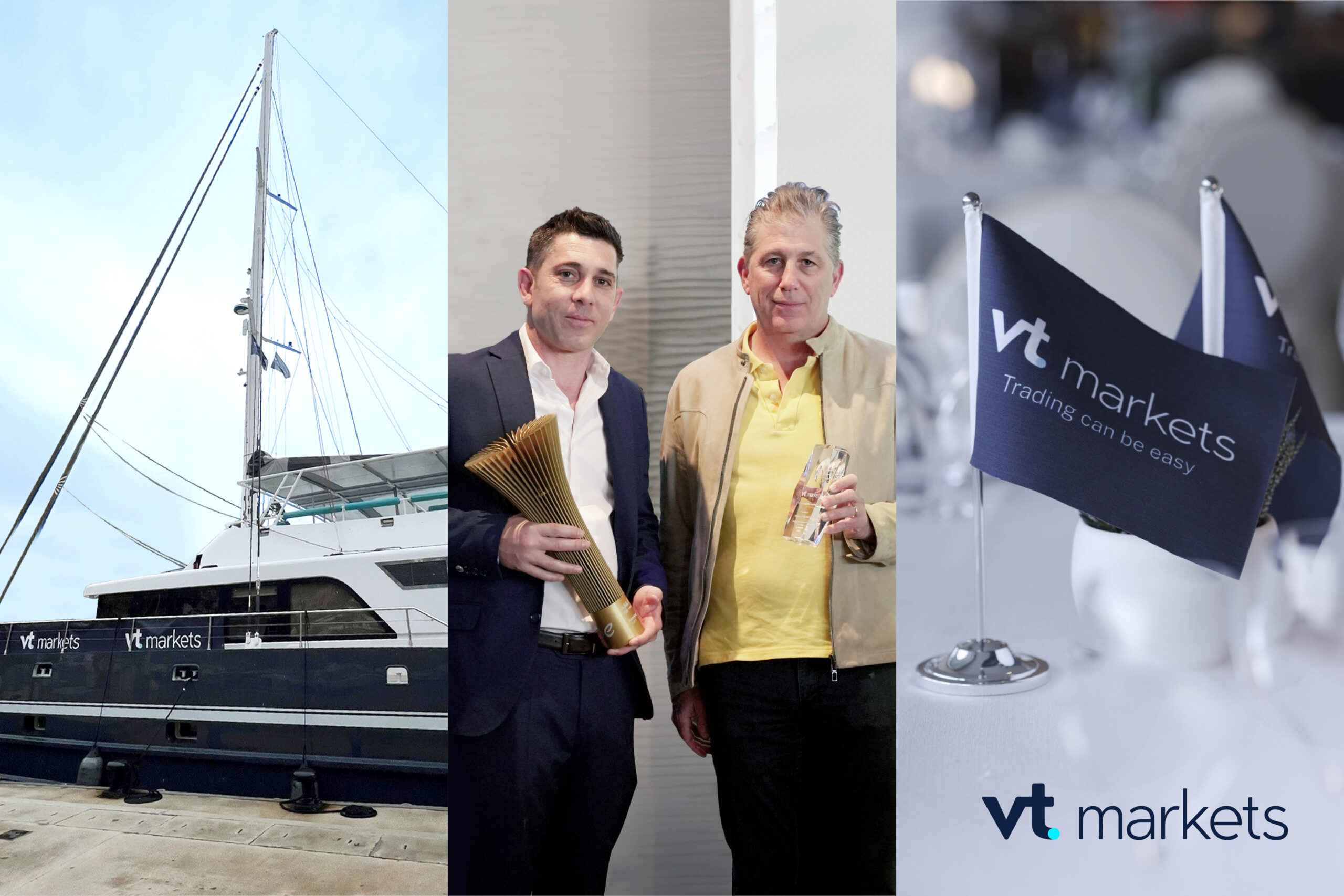 Collage of VT Markets branding images including a VT Markets branded sailboat at a dock, Ludovic Moncla, Head of Affiliates at VT Markets, and Scott Swid Chairman and Principal Owner of Maserati MSG Racing at a VT Markets media event in Monaco, and VT Markets flags at a forex trading conference with Maserati MSG Racing