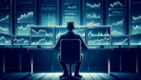 Focused forex trader analyzing real-time market data on multiple screens in a blue-toned, minimalist setup for an article on scalping strategies at VT Markets.