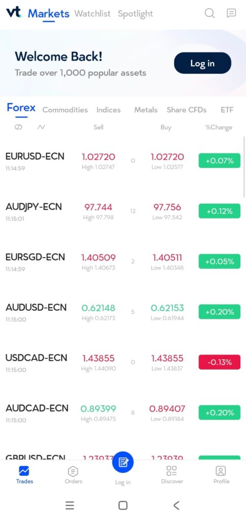 ภาพหน้าจออินเทอร์เฟซของแอป VT Markets แสดงข้อมูลการเทรดสดสำหรับคู่เงิน Forex เช่น EURUSD, AUDJPY พร้อมราคาซื้อ-ขาย การเปลี่ยนแปลงเปอร์เซ็นต์ และแถบนำทางด้านล่างสำหรับ การเทรด ออเดอร์ การค้นหา และโปรไฟล์