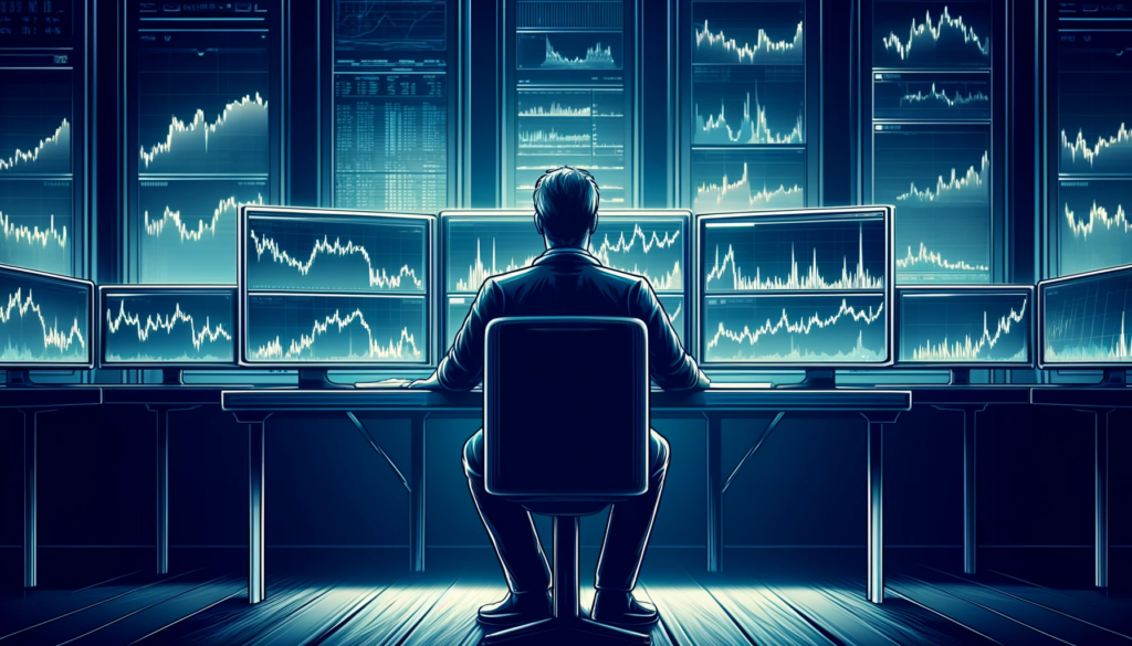 Focused forex trader analyzing real-time market data on multiple screens in a blue-toned, minimalist setup for an article on scalping strategies at VT Markets.