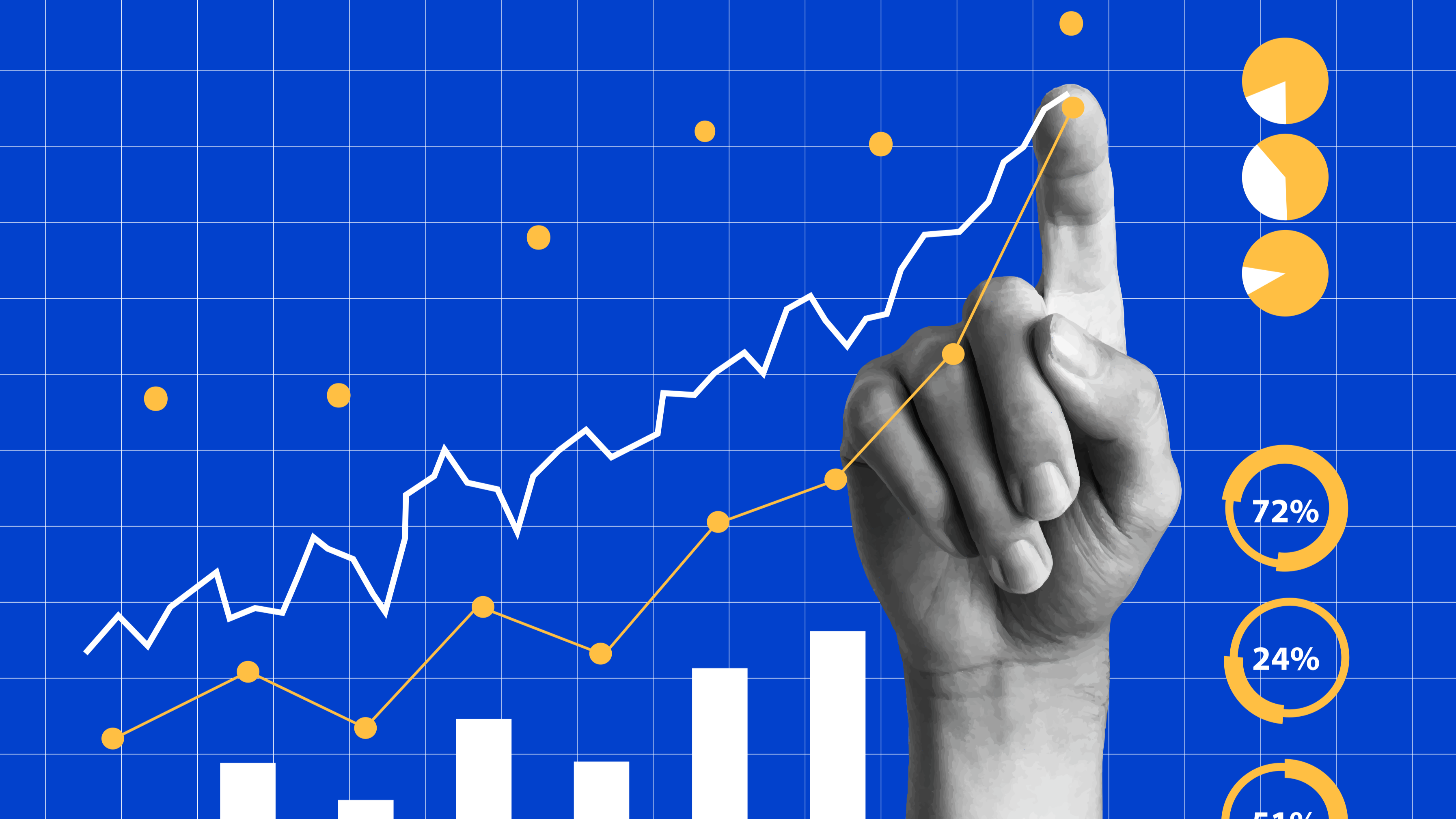 Hand pointing at upward trending line graph on blue background with financial charts and pie chart statistics