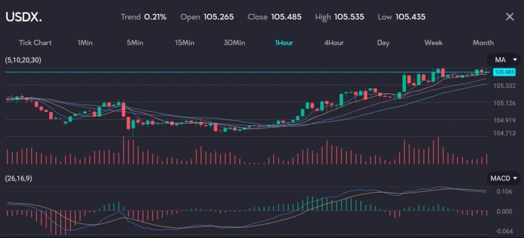 Chart displaying the USDX (Dollar Index) with a trend of 0.21%, opening at 105.265 and closing at 105.485. The chart shows a one-hour interval, highlighting the recent upward movement. This image is hosted at VT Markets, a forex CFDs brokerage, for the article titled 'Rupee expected to struggle as positive US data strengthens dollar.' On Friday, the dollar index (DXY) and U.S. Treasury yields nudged higher. The S&P June flash U.S. Composite PMI Output Index, which tracks manufacturing and services sectors, rose to a 26-month high.