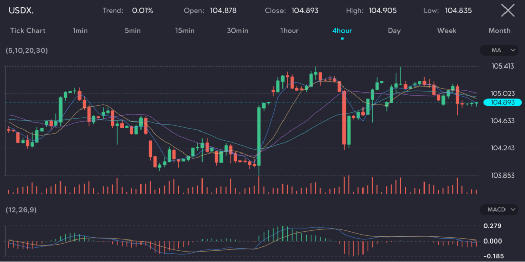 The chart shows the USD index (symbol: USDX) on a 4-hour timeframe with a minor uptrend (+0.01%). It features an open price of 104.878, a close price of 104.893, a high of 104.905, and a low of 104.835. The chart includes technical indicators such as moving averages (MA) and the MACD (12,26,9). Market expectations are that retail sales for May will match the annual growth rate of 0.2% from April 2024. Should the data align with these expectations, it could pave the way for the Federal Reserve to consider future interest rate cuts.