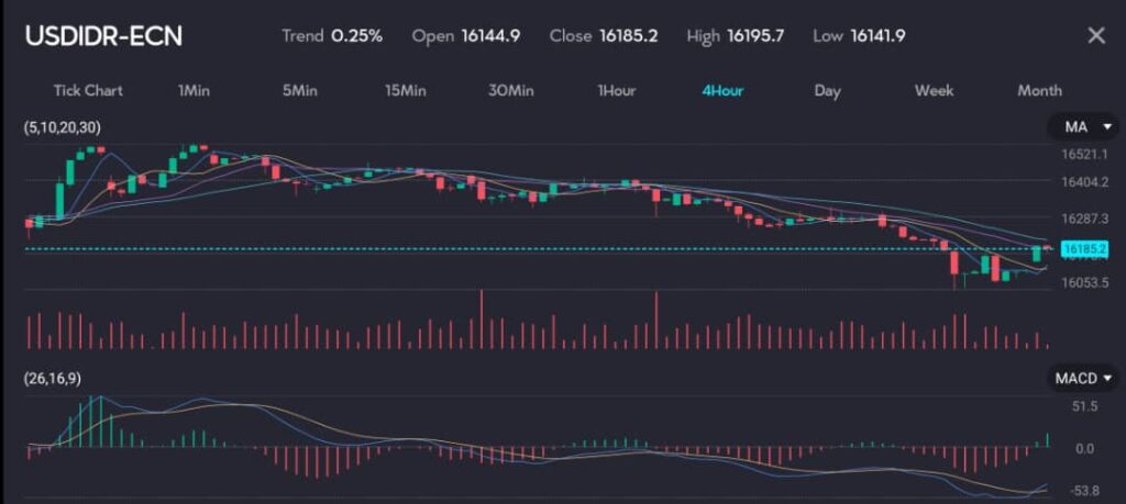 
The USDIDR-ECN chart highlights the challenges faced by Asian currencies as markets react to the fallout from a recent Trump attack. The 4-hour interval chart shows a trend of 0.25%, opening at 16144.9 and closing at 16185.2, with a high of 16195.7 and a low of 16141.9. Key features include moving averages (5, 10, 20, 30), trading volumes, and the MACD (26, 16, 9) indicator. The trading volumes indicate notable market activity, while the MACD reveals shifts in market momentum. The chart's fluctuations underscore the market's volatility in response to political events.