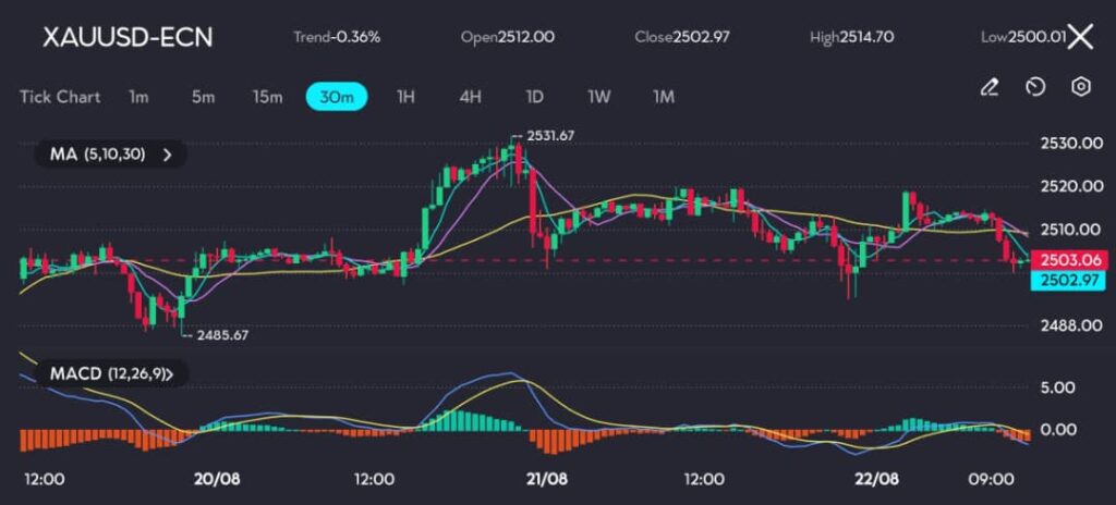 The XAU/USD (gold) chart displays a slight downtrend, with the price currently around 2502.97, after reaching a peak of 2531.67. The price is hovering near key Moving Averages (5, 10, 30), reflecting a cautious market. The MACD indicator suggests a lack of strong momentum, as the MACD line remains close to the signal line, indicating uncertainty in the market.