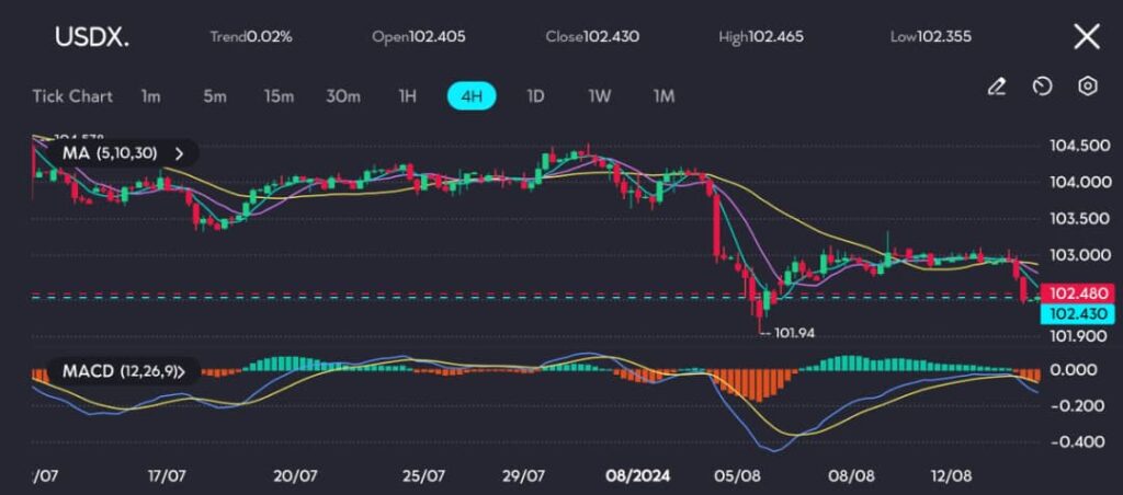 The US Dollar Index (USDX) on the 4-hour chart is displaying a bearish trend, with the price currently hovering around the 102.430 level. 