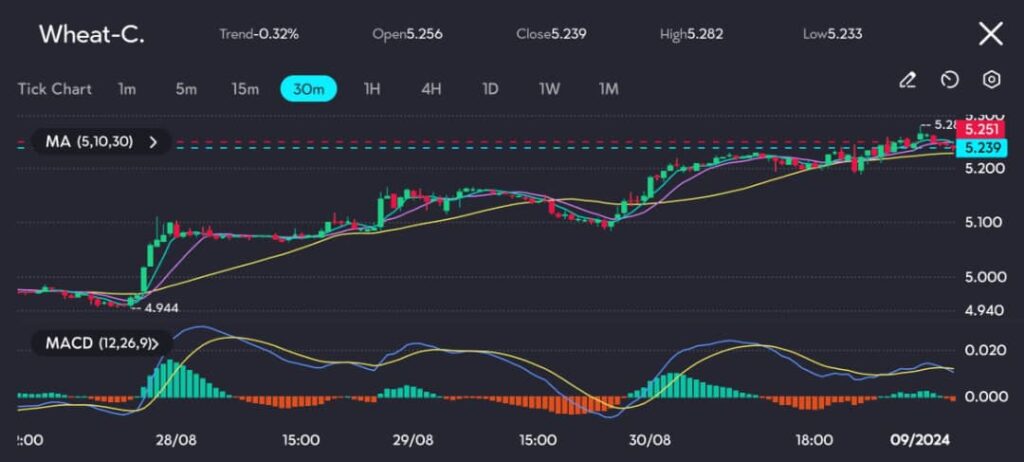 The 30-minute chart for Wheat-C on vtmarkets.com illustrates recent price action. The moving averages (MA) suggest a bullish trend, with the short-term MA positioned above the long-term MA. However, the MACD histogram is showing signs of weakening momentum, indicating that the upward movement may be losing steam.