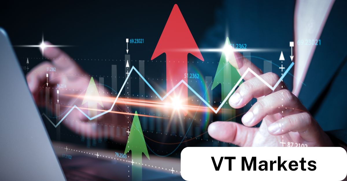 Hands interacting with a digital trading interface displaying upward and downward arrows, charts, and data, symbolizing forex trading strategies and market analysis with VT Markets.