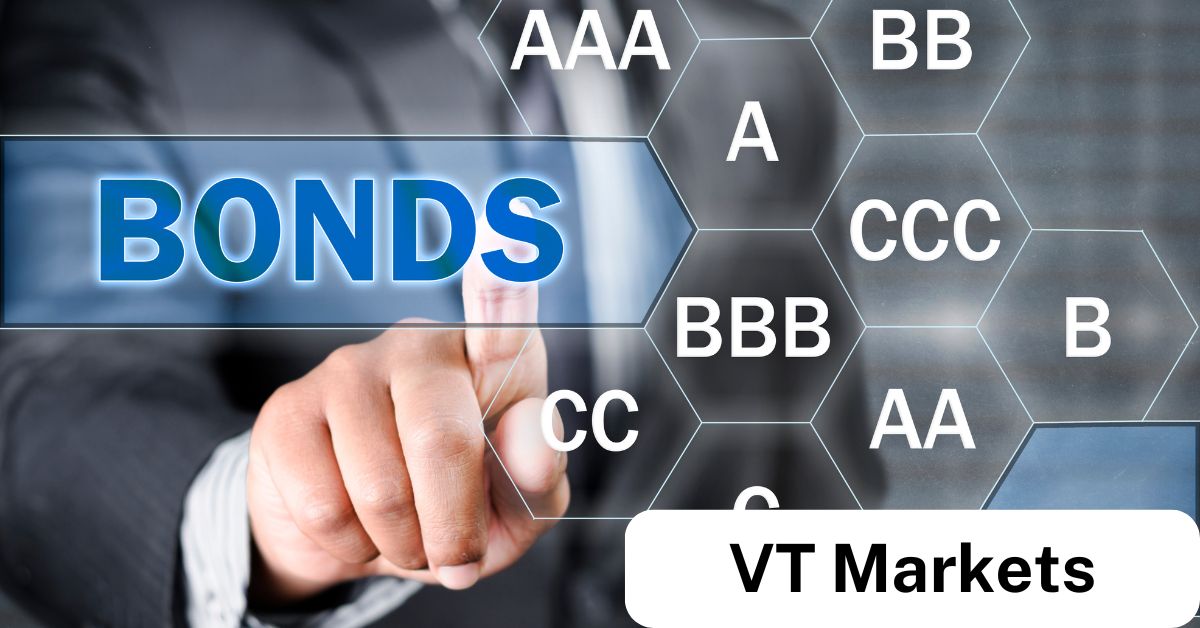 A professional image showing the concept of bond trading, with a person selecting "Bonds" amidst a grid of credit ratings like AAA and BBB, symbolizing financial stability and investment opportunities with VT Markets CFD Bonds trading.