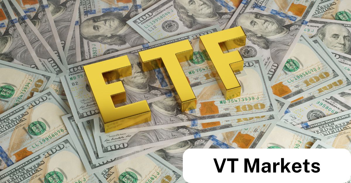 Golden ETF letters on a backdrop of US dollar bills, symbolising investment opportunities and portfolio diversification with VT Markets ETF trading.