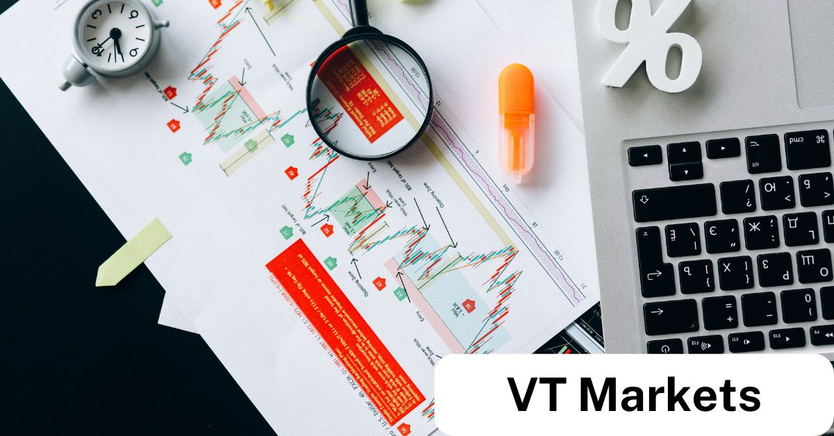 A forex trading chart with colourful price graphs, a magnifying glass, a clock, and a laptop, symbolising analytical tools used in trading. The VT Markets logo highlights trading resources.