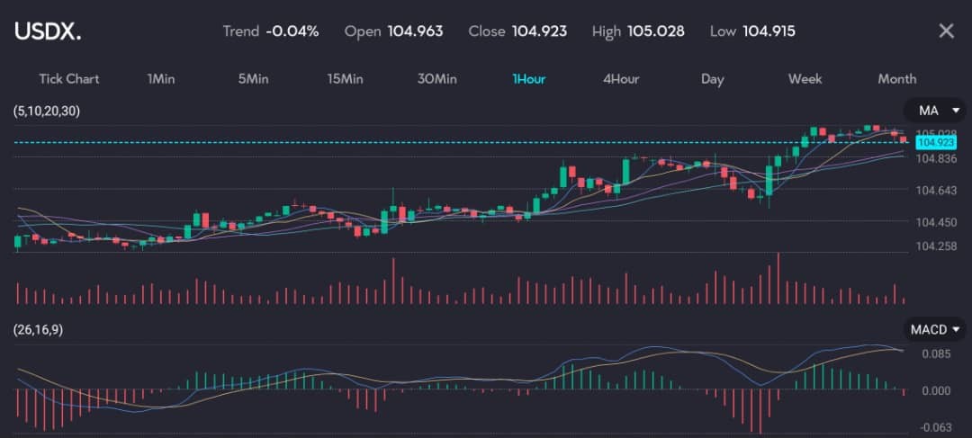 Chart displaying the US Dollar Index (USDX) at 104.923 with a trend of -0.04%, reflecting a rise in the dollar as traders scale back US rate cut expectations. The chart features moving averages (MA) and MACD indicators, highlighting the impact of U.S. business activity accelerating to its highest level in over two years and surging input prices reported by manufacturers. This has led to a pullback in US interest rate cut expectations and a rise in government bond yields. Image hosted by VT Markets, a forex CFDs brokerage