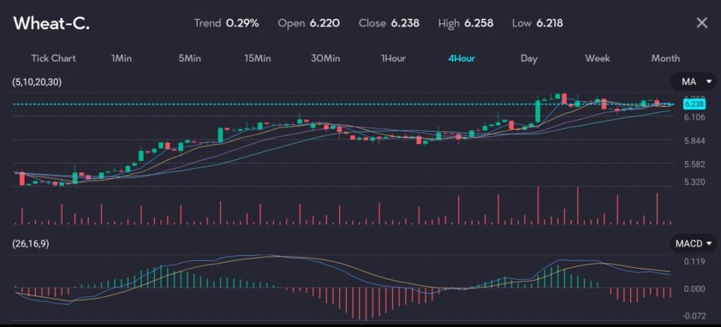 Candle chart of Wheat-C rising on the VT markets app.