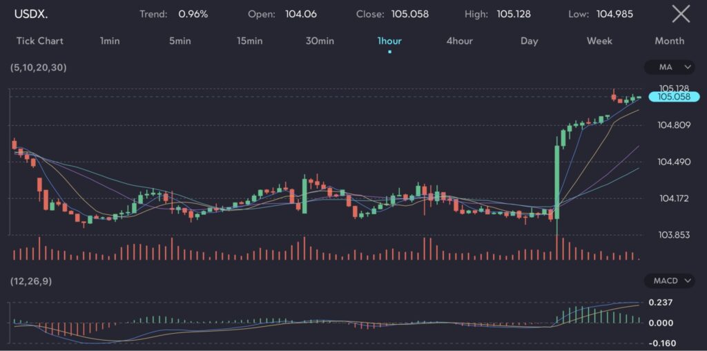 Chart showing the U.S. dollar index (USDX) with a significant upward trend. The chart features various technical indicators such as moving averages (5, 10, 20, 30), a volume histogram, and the MACD indicator (12, 26, 9). The price opened at 104.06, closed at 105.058, reached a high of 105.128, and had a low of 104.985. The trend indicates a 0.96% increase, reflecting market reactions to the stronger-than-expected nonfarm payrolls report, which has implications for the Federal Reserve's interest rate decisions.