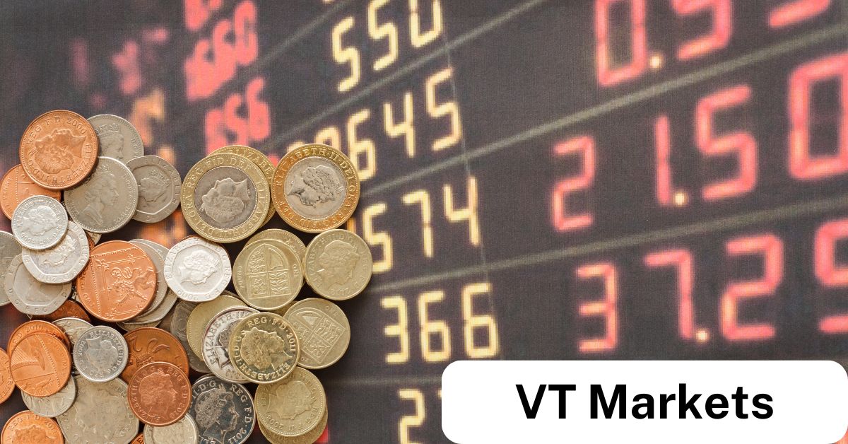 Image of various coins in front of a digital stock market board, symbolising the trading opportunities and financial diversity offered by VT Markets CFD Shares.